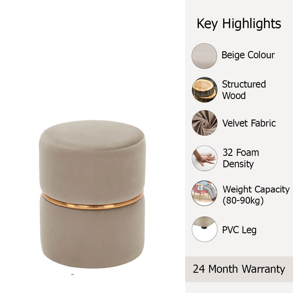 Gracy Beige Velvet Ottoman - Gold Band