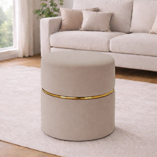 Gracy Beige Velvet Ottoman - Gold Band