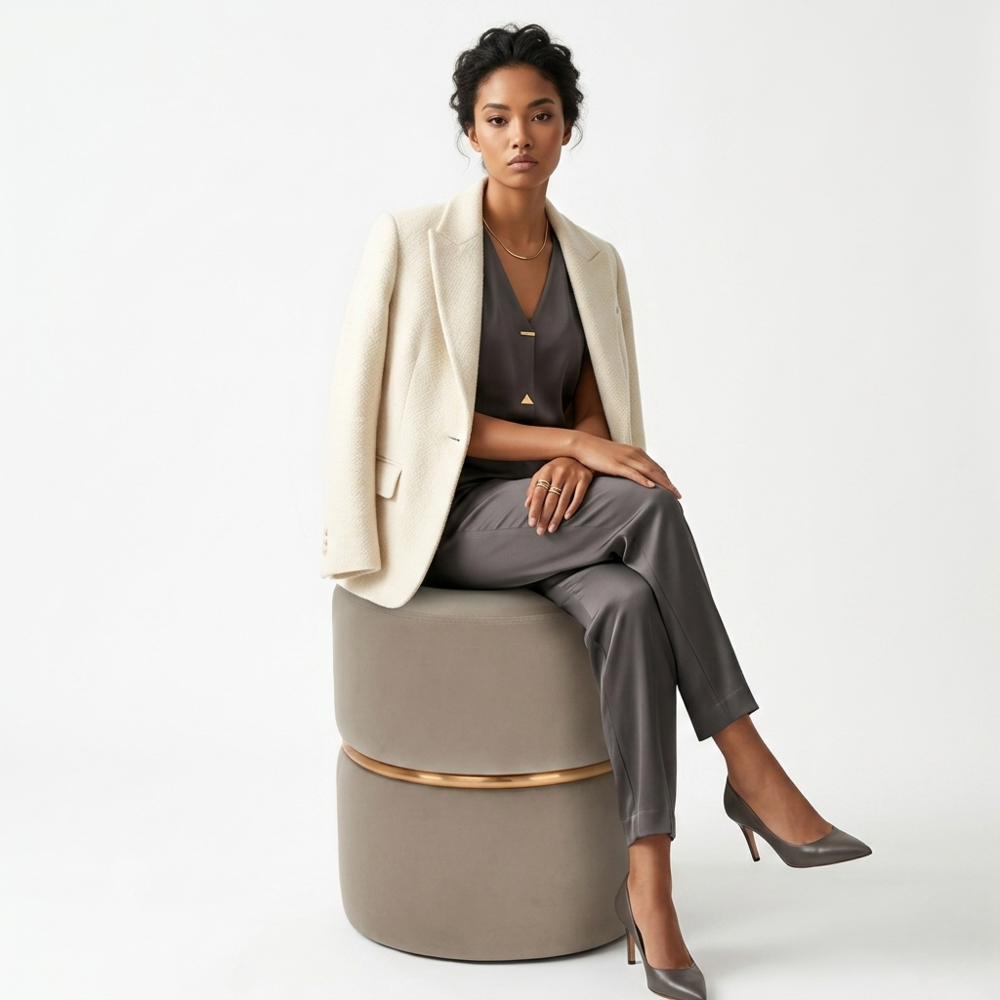 Gracy Beige Velvet Ottoman - Gold Band