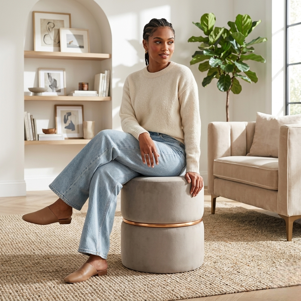 Gracy Beige Velvet Ottoman - Gold Band