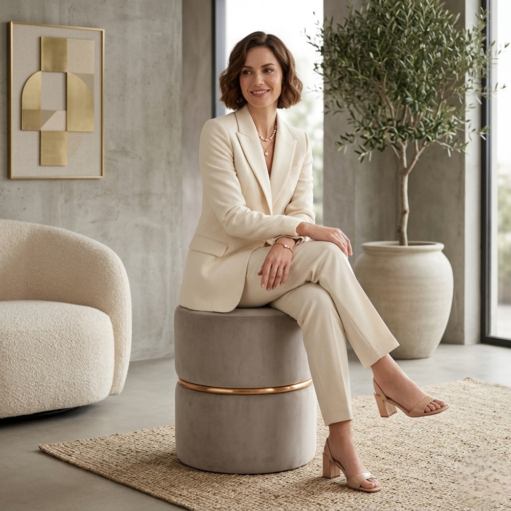 Gracy Beige Velvet Ottoman - Gold Band