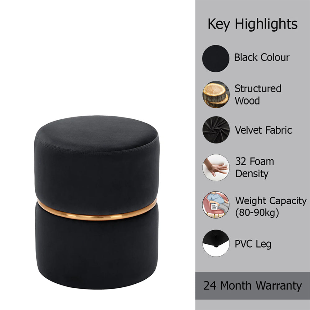Gracy Black Velvet Ottoman - Gold Band