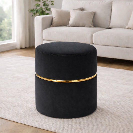 Gracy Black Velvet Ottoman - Gold Band