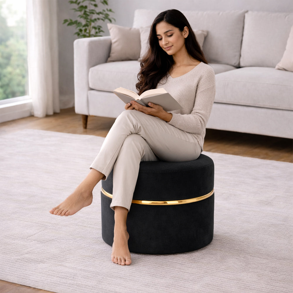 Gracy Black Velvet Ottoman - Gold Band