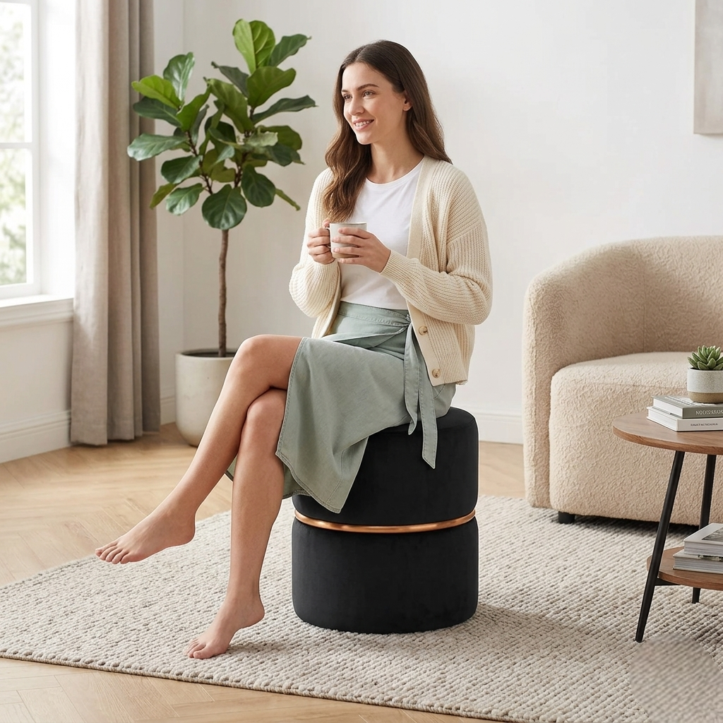 Gracy Black Velvet Ottoman - Gold Band