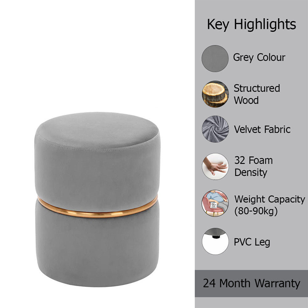 Gracy Grey Velvet Ottoman - Gold Band