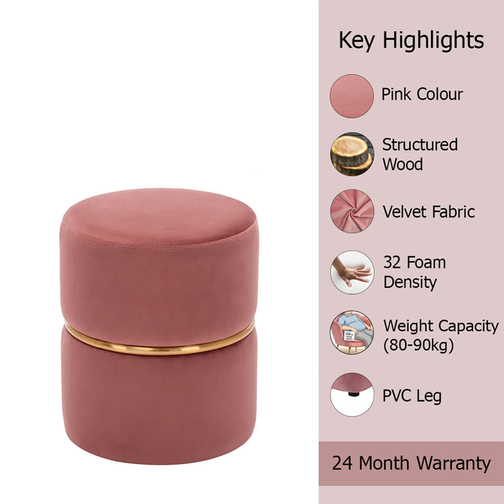 Gracy Pink Velvet Ottoman - Gold Band