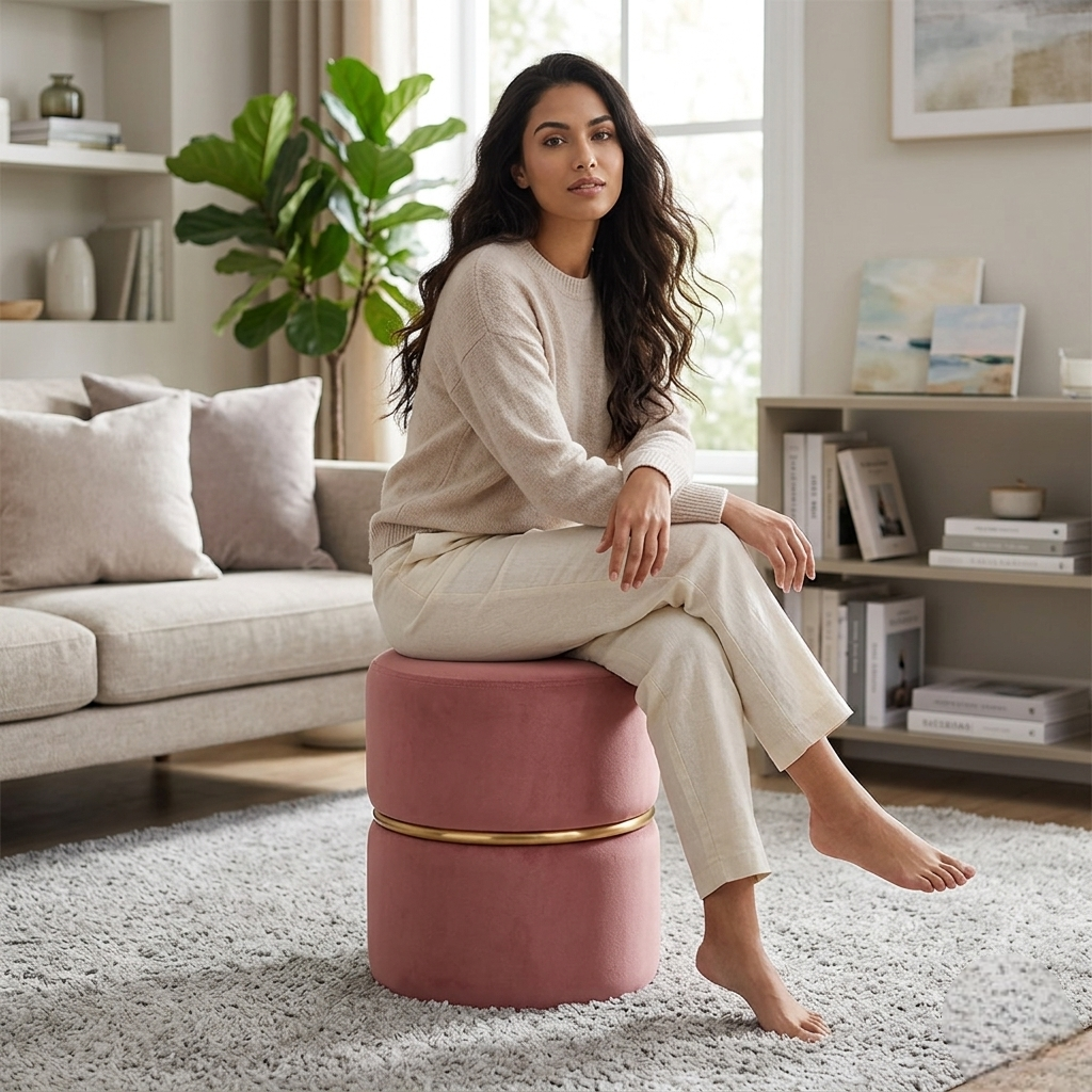 Gracy Pink Velvet Ottoman - Gold Band