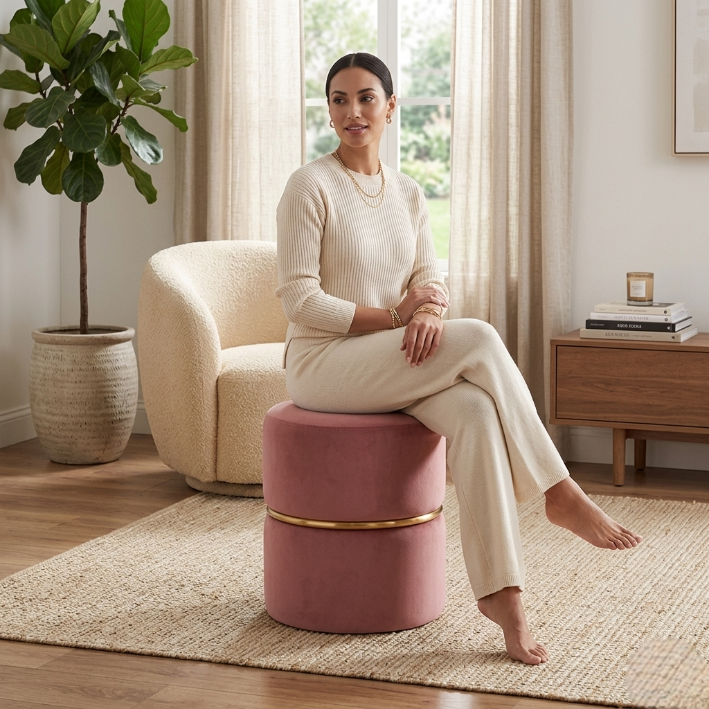 Gracy Pink Velvet Ottoman - Gold Band