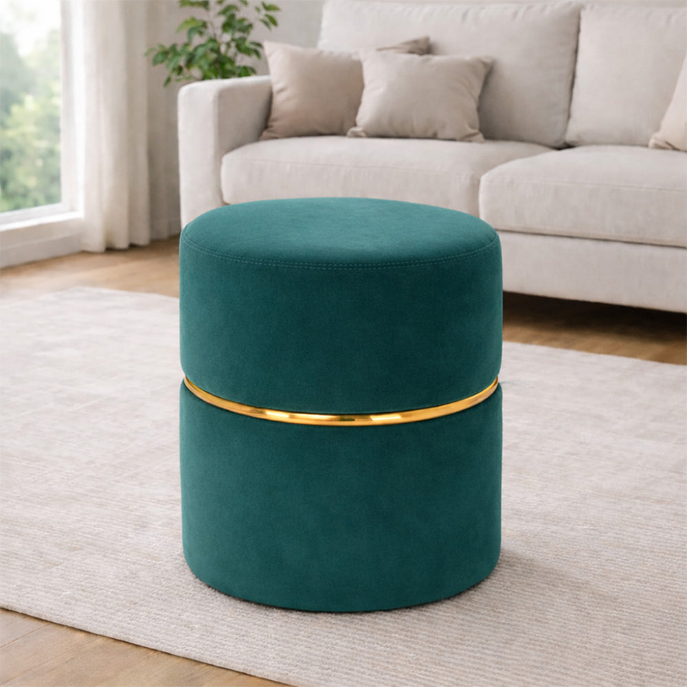 Gracy Teal Velvet Ottoman - Gold Band
