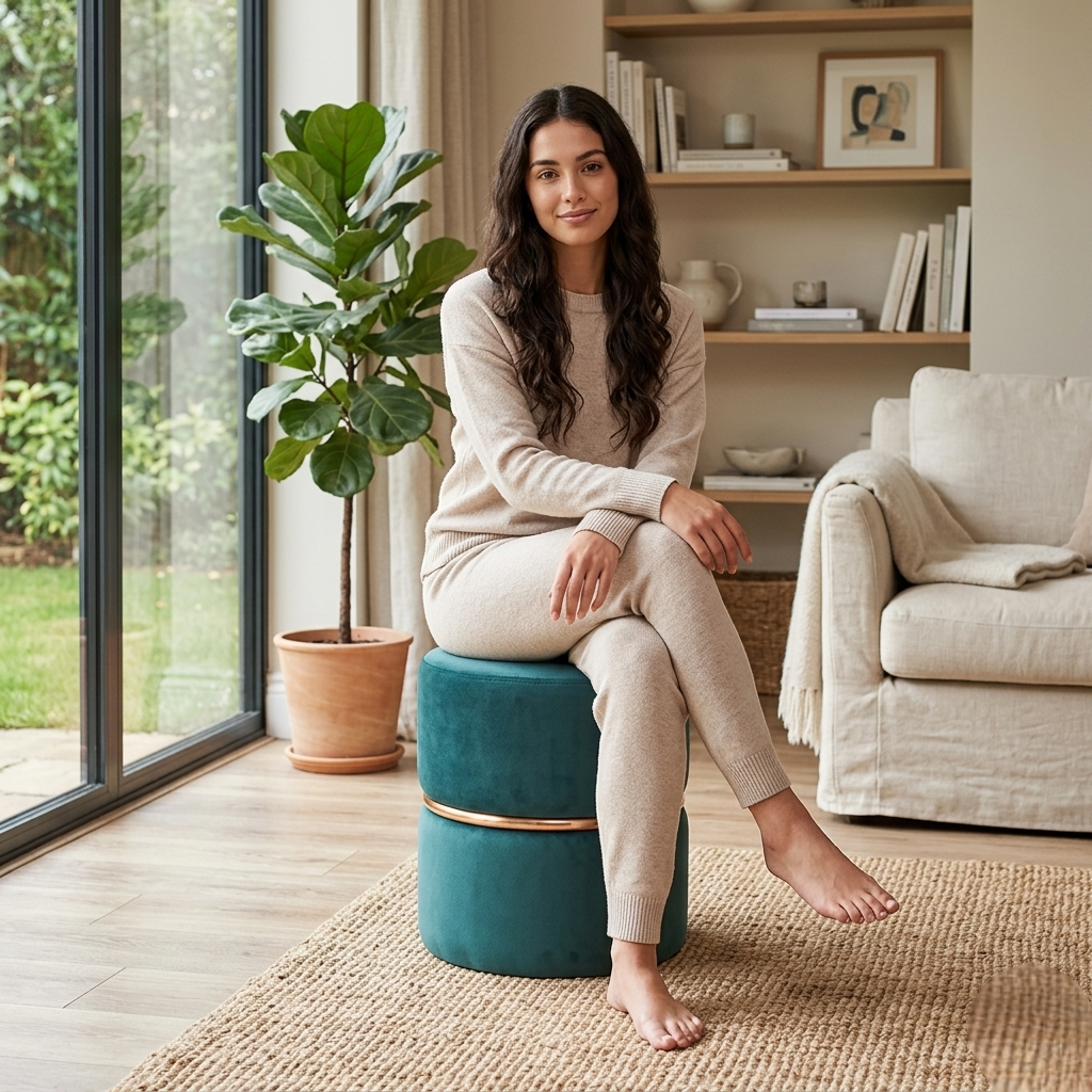 Gracy Teal Velvet Ottoman - Gold Band