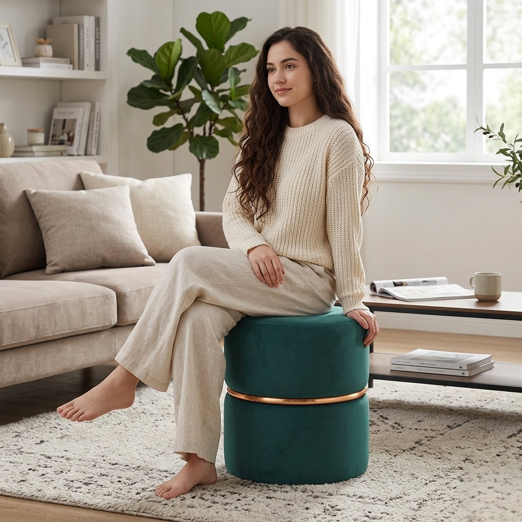 Gracy Teal Velvet Ottoman - Gold Band