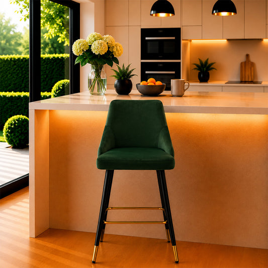 Green Upholstered Bar Stool with Gold Accents