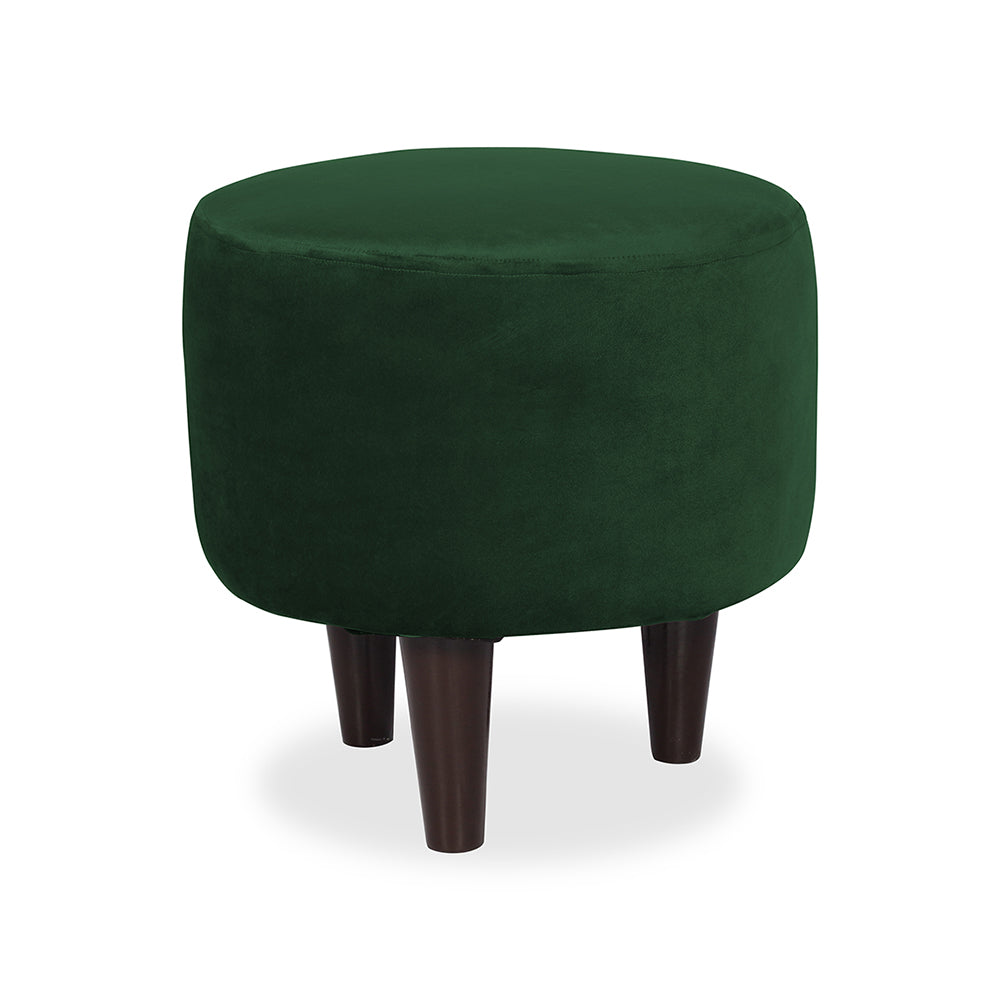 Green Velvet Round Ottoman - Wood Legs