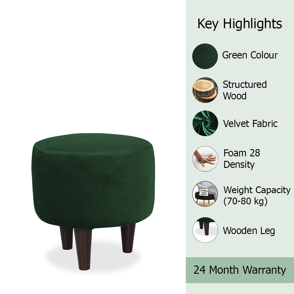 Green Velvet Round Ottoman - Wood Legs