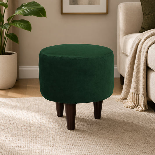 Green Velvet Round Ottoman - Wood Legs