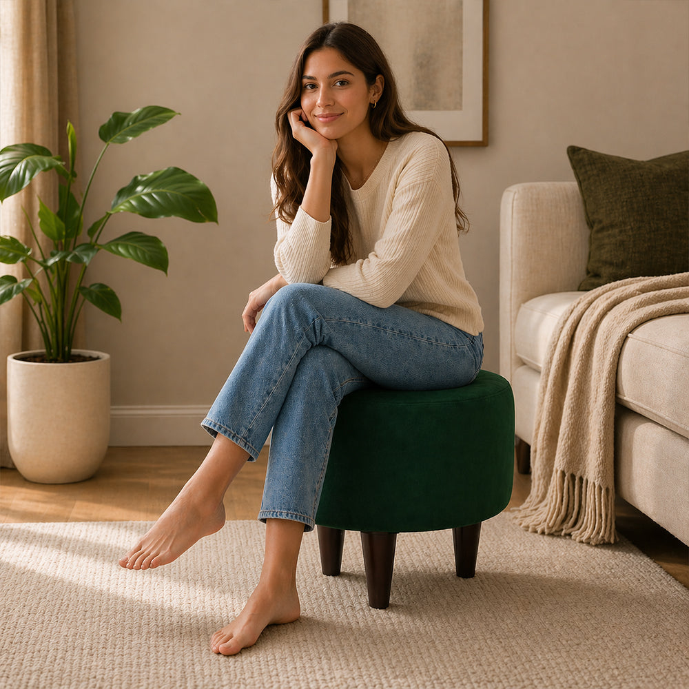 Green Velvet Round Ottoman - Wood Legs