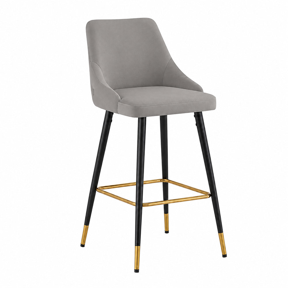 Grey Upholstered Bar Stool with Gold Accents