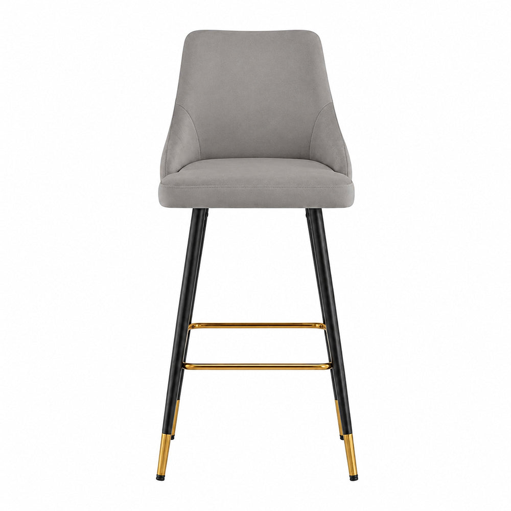 Grey Upholstered Bar Stool with Gold Accents