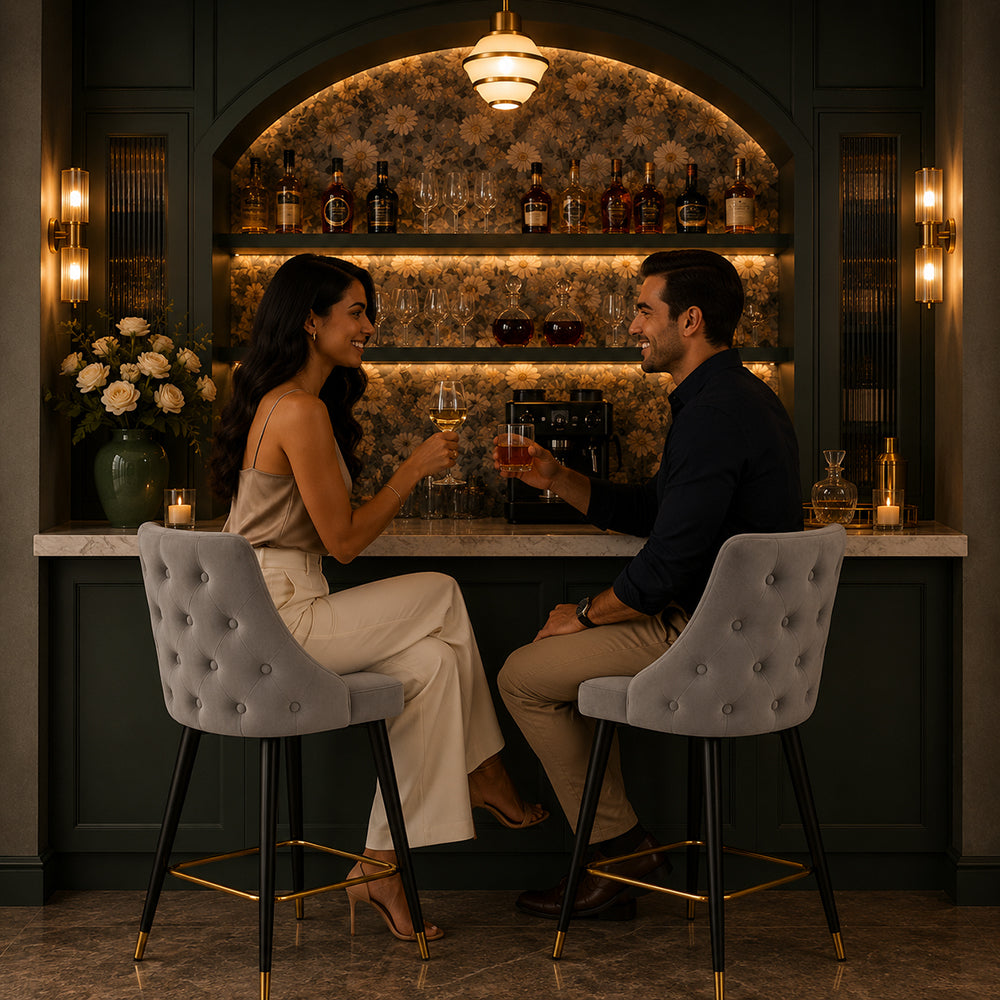 Grey Upholstered Bar Stool with Gold Accents
