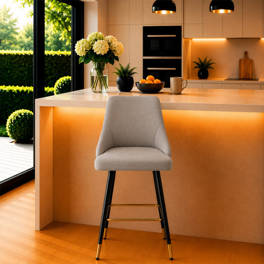 Grey Upholstered Bar Stool with Gold Accents