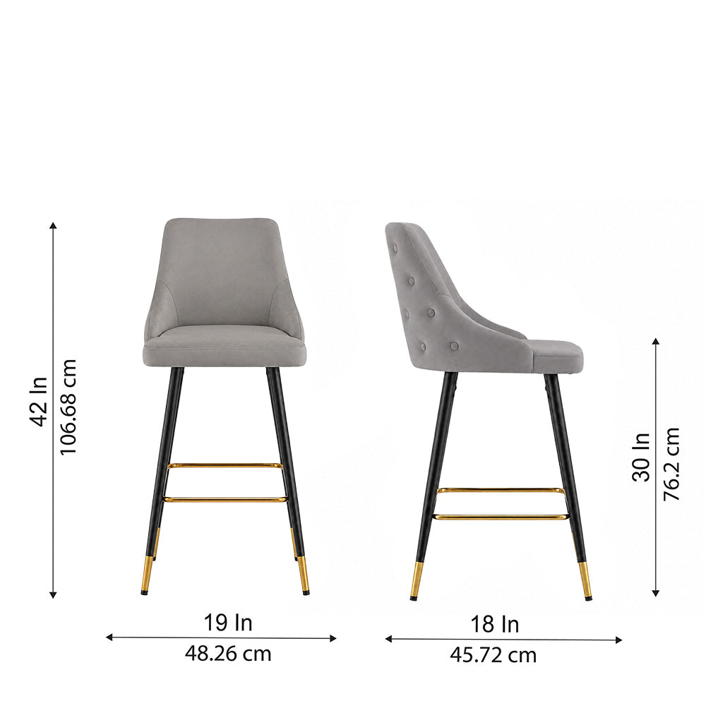 Grey Upholstered Bar Stool with Gold Accents