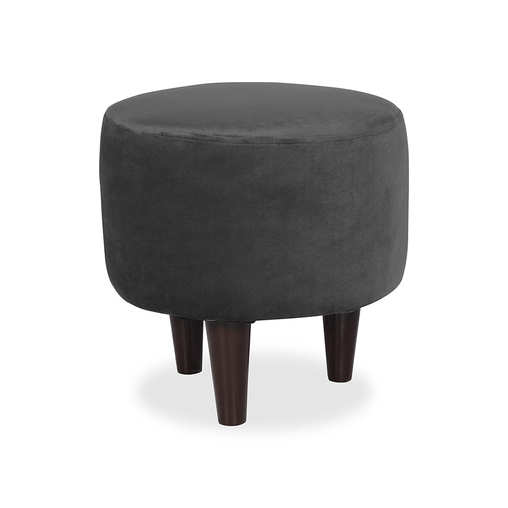 Grey Velvet Round Ottoman - Wood Legs