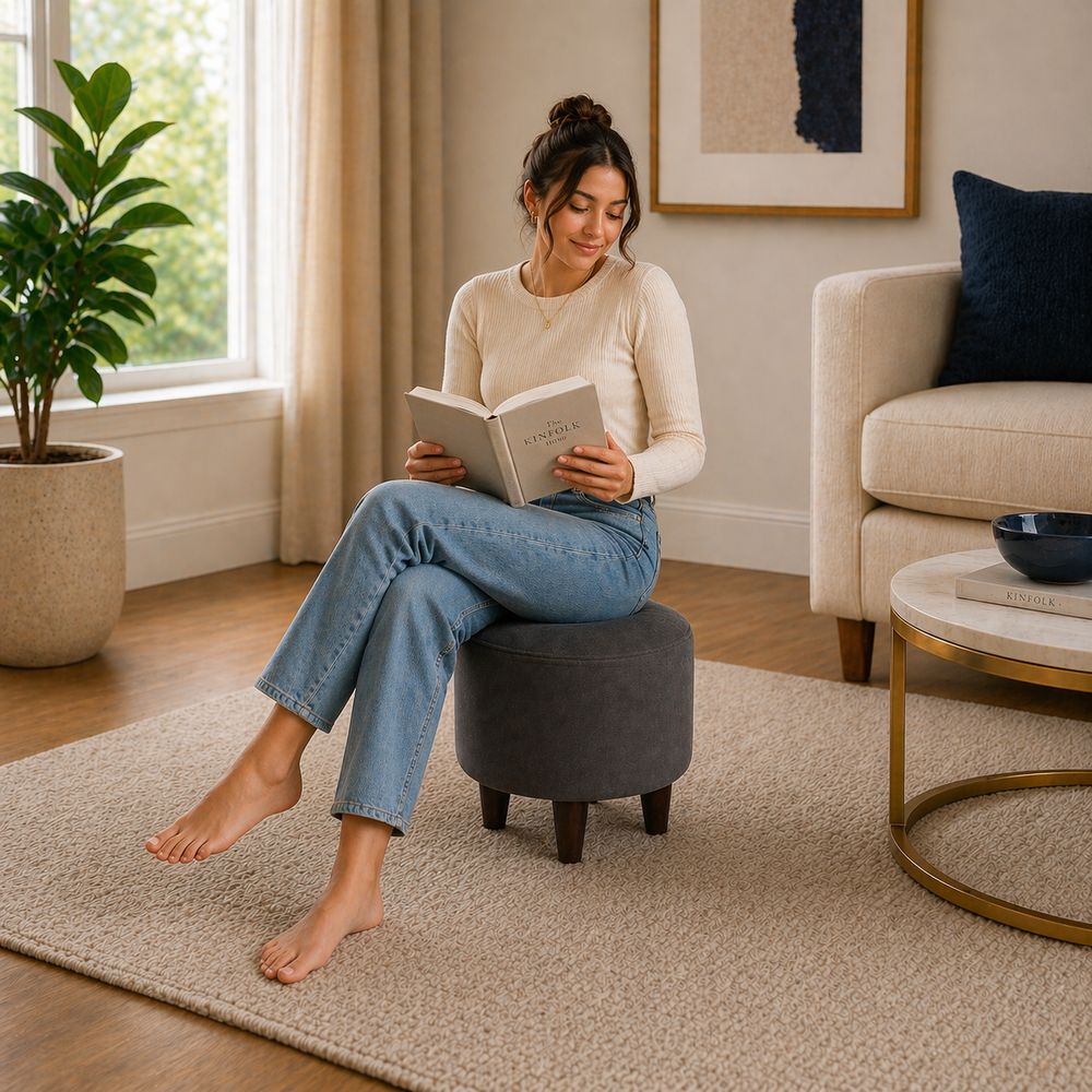Grey Velvet Round Ottoman - Wood Legs
