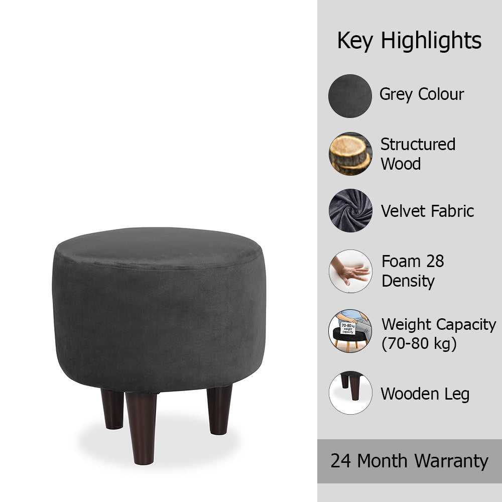 Grey Velvet Round Ottoman - Wood Legs