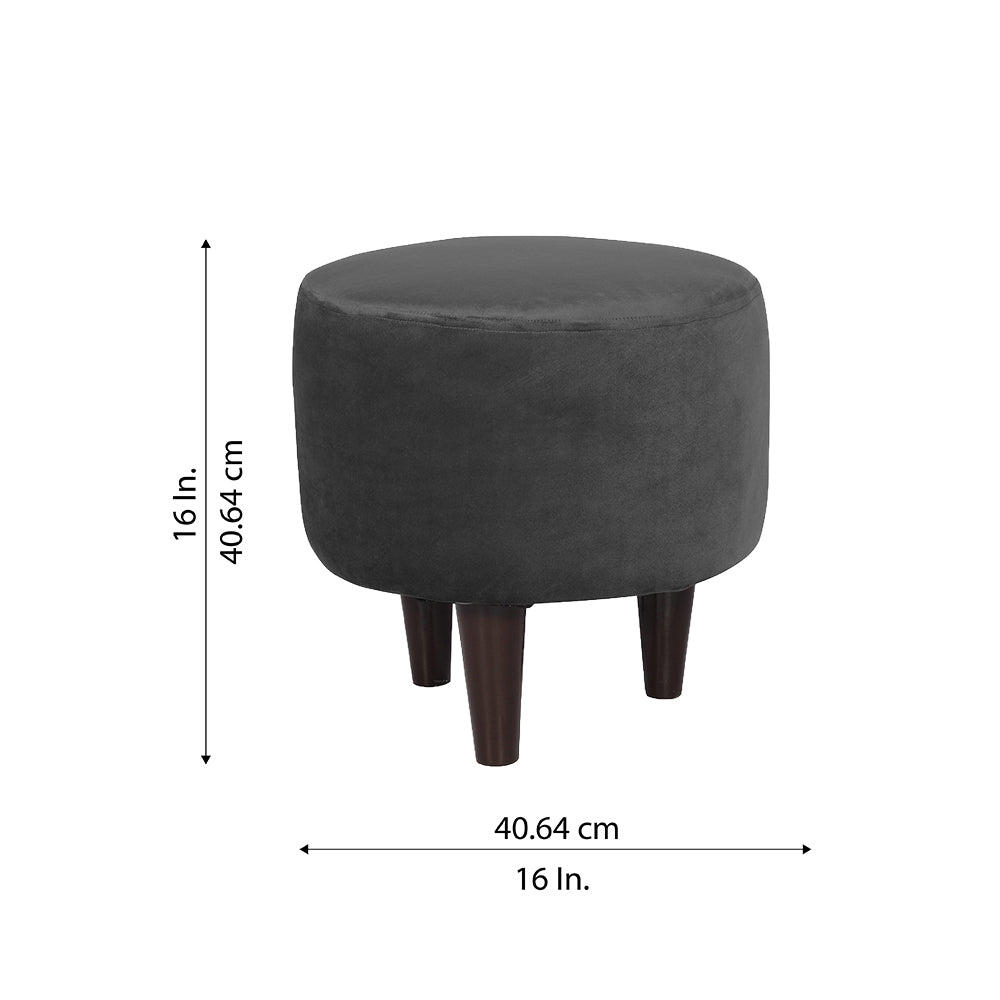 Grey Velvet Round Ottoman - Wood Legs