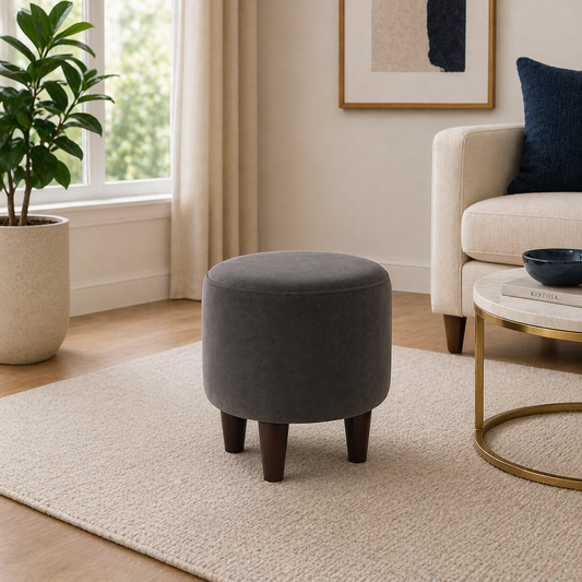 Grey Velvet Round Ottoman - Wood Legs