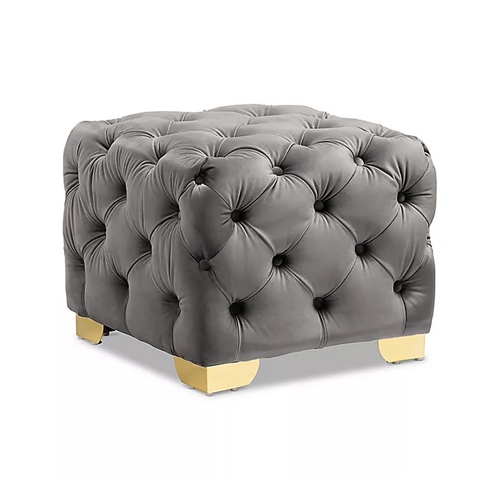 Grey Velvet Tufted Ottoman - Gold Base