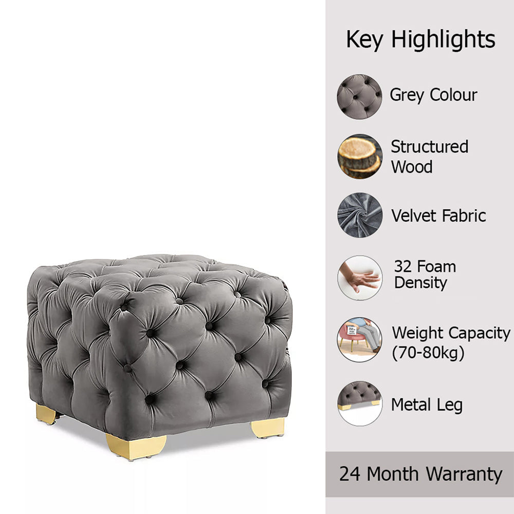 Grey Velvet Tufted Ottoman - Gold Base