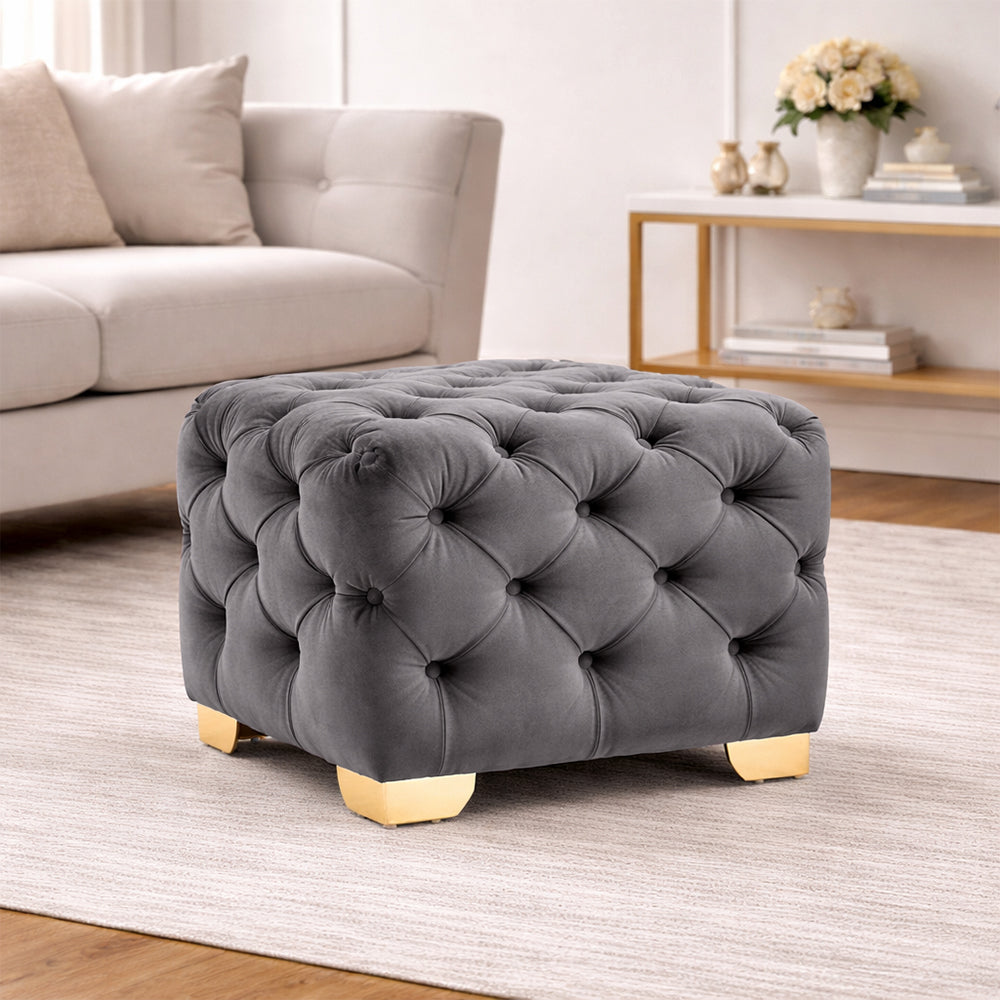 Grey Velvet Tufted Ottoman - Gold Base