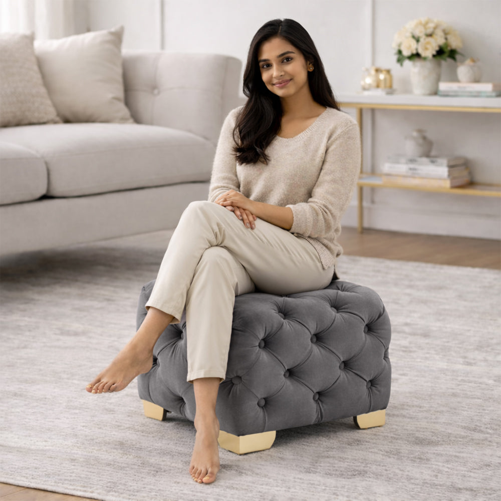 Grey Velvet Tufted Ottoman - Gold Base