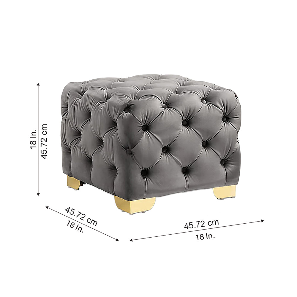 Grey Velvet Tufted Ottoman - Gold Base