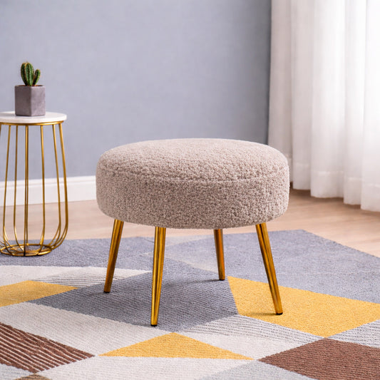 Luna Bouclé Beige Ottoman - Gold Legs