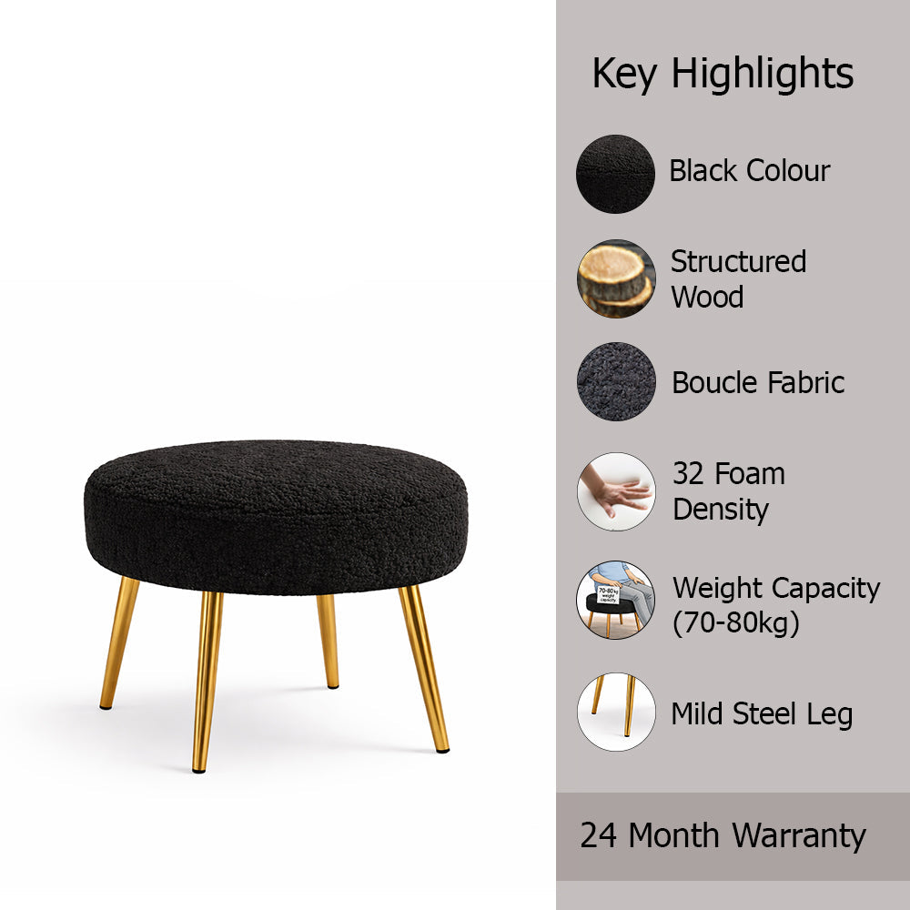 Luna Bouclé Black Ottoman - Gold Legs