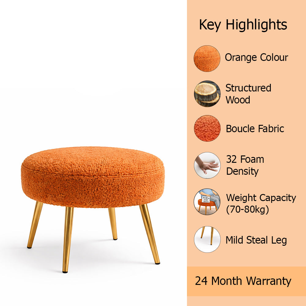 Luna Bouclé Orange Ottoman - Gold Legs