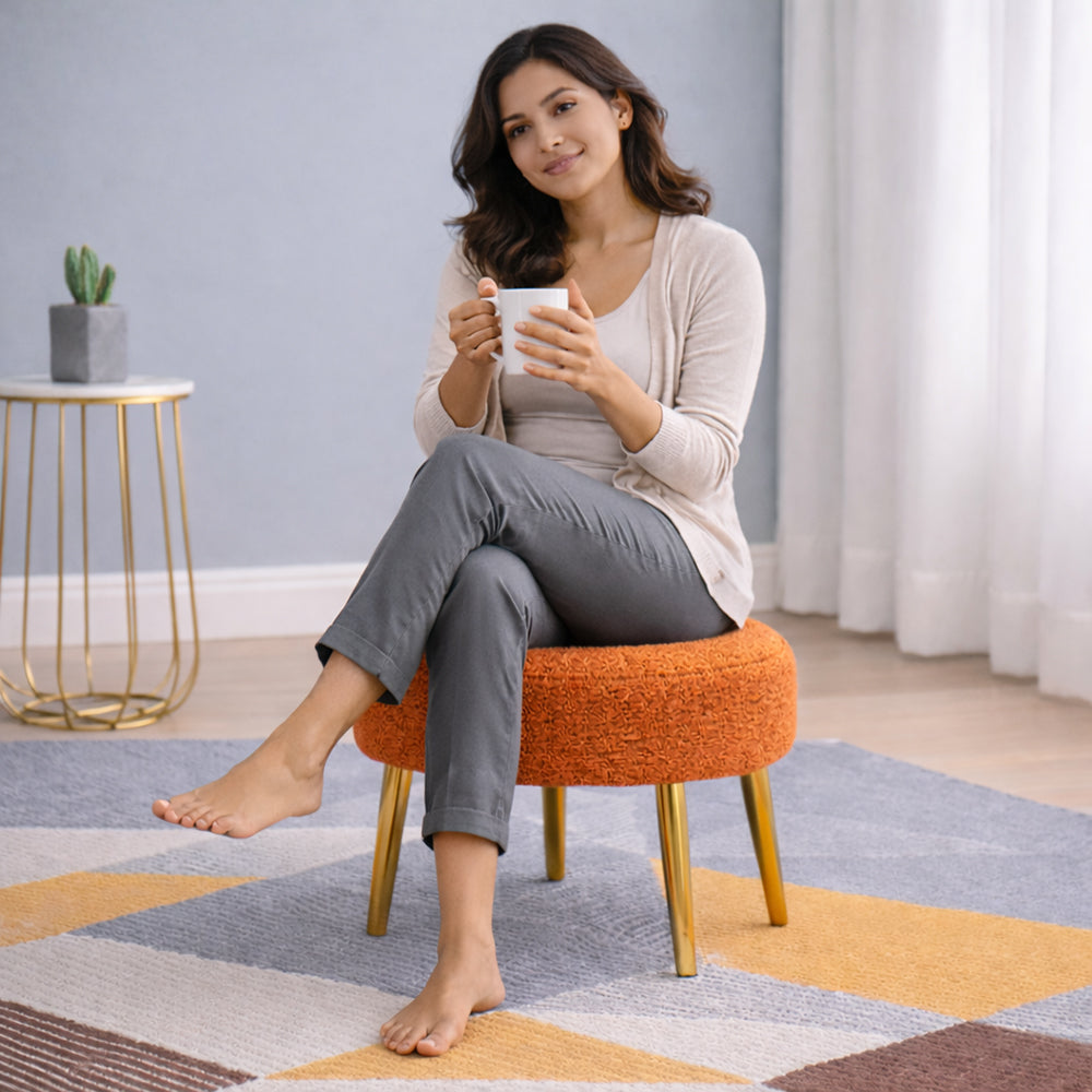 Luna Bouclé Orange Ottoman - Gold Legs