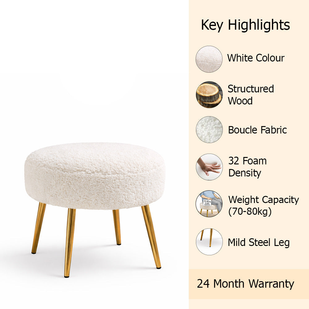 Luna Bouclé White Ottoman - Gold Legs