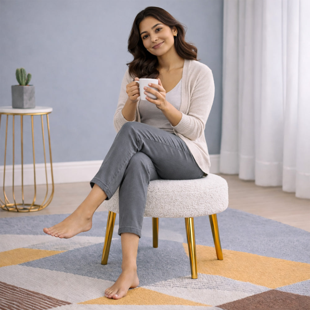 Luna Bouclé White Ottoman - Gold Legs
