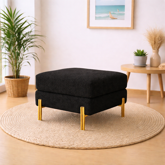 Luxe Black Bouclé Ottoman - Gold Legs