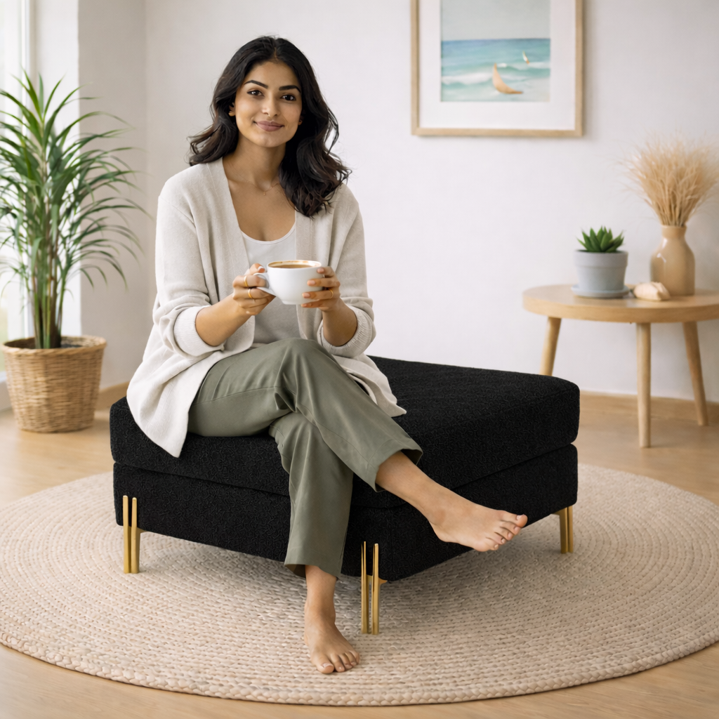 Luxe Black Bouclé Ottoman - Gold Legs