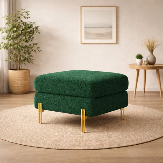 Luxe Green Bouclé Ottoman - Gold Legs