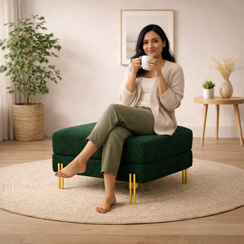 Luxe Green Bouclé Ottoman - Gold Legs