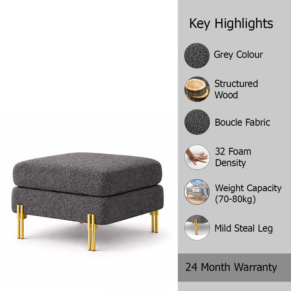 Luxe Grey Bouclé Ottoman - Gold Legs