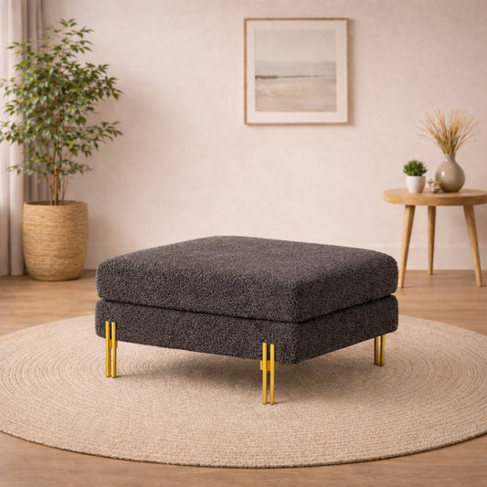 Luxe Grey Bouclé Ottoman - Gold Legs