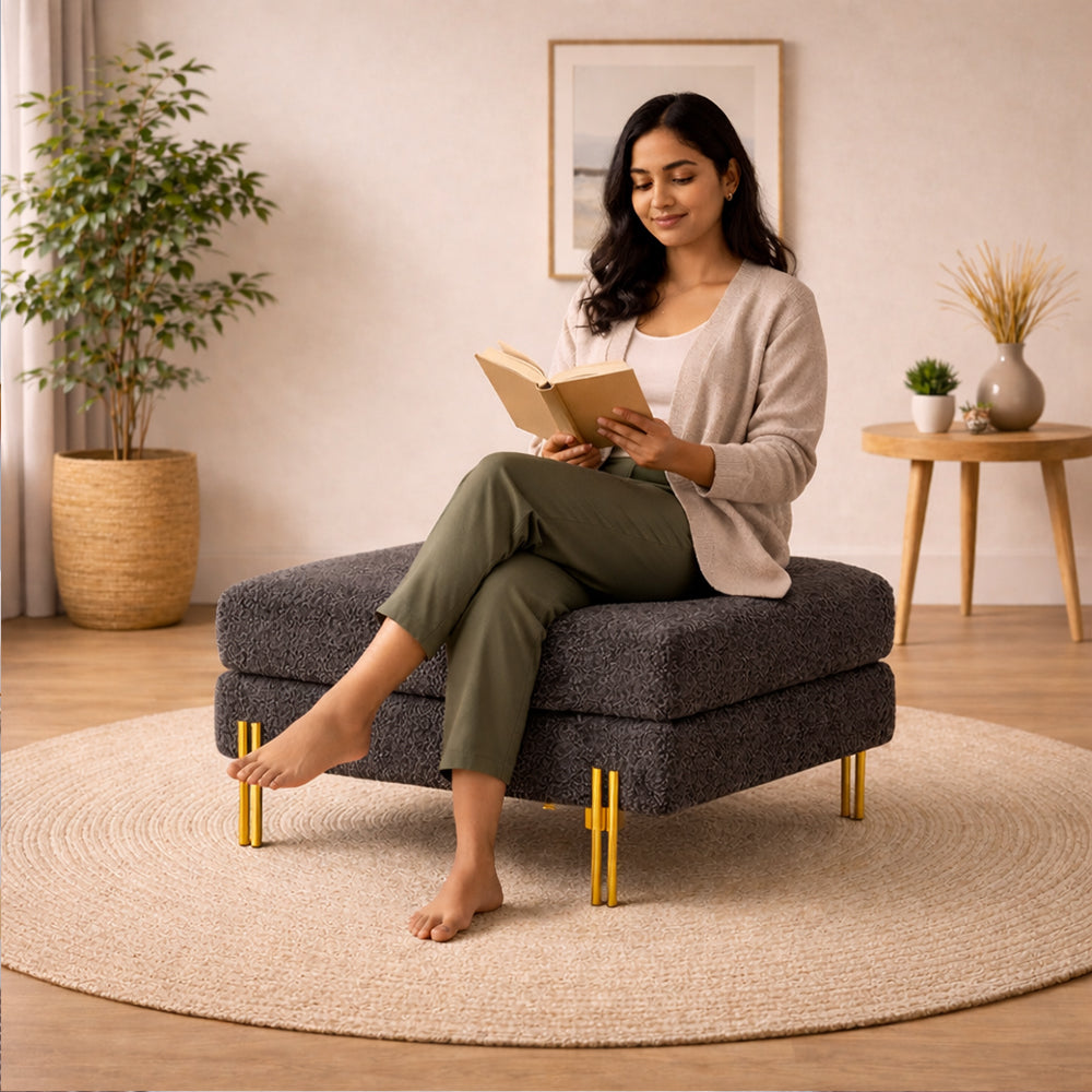 Luxe Grey Bouclé Ottoman - Gold Legs