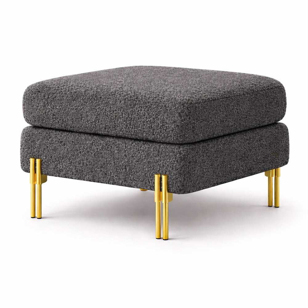 Luxe Grey Bouclé Ottoman - Gold Legs